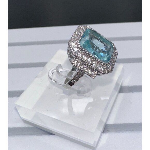 Aquamarine Cubic Zirconia White Crystal Ring Size 7 - Picture 7 of 16